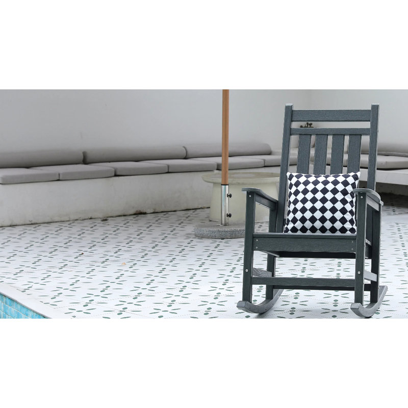 All Weather Porch Rocking Chair - Grey. Ergonomic Back Support. Expanded And Contoured Seat. 32.5"D X 25.9"W 41.7"H. Supports 380 Pounds. 30 Mins Installation. Build Rocker For Comfort. Widened Holds
