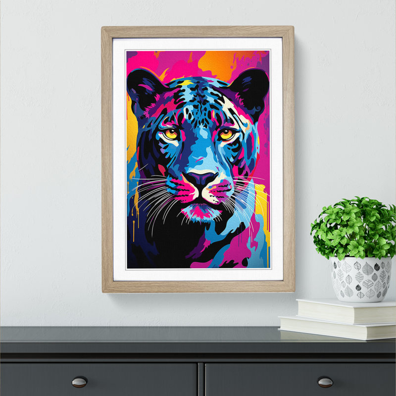 Panther Pop No.2 - Single Picture Frame Print on Wood, Oak , 34cm H x 25cm W x 2cm D