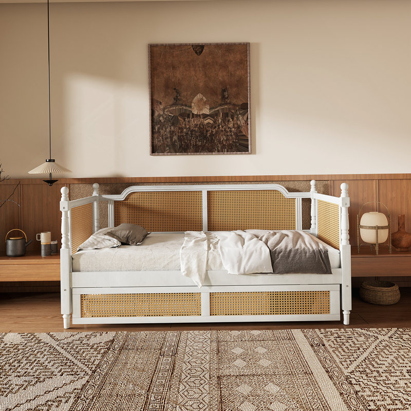 Lit de jour en rotin avec couchette, Lit simple, Blanc antique