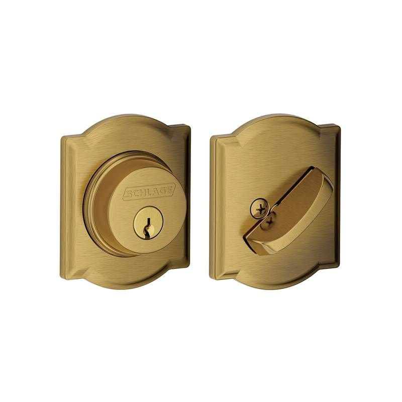 Single Cylinder Deadbolt with Camelot Trim, Antique Brass