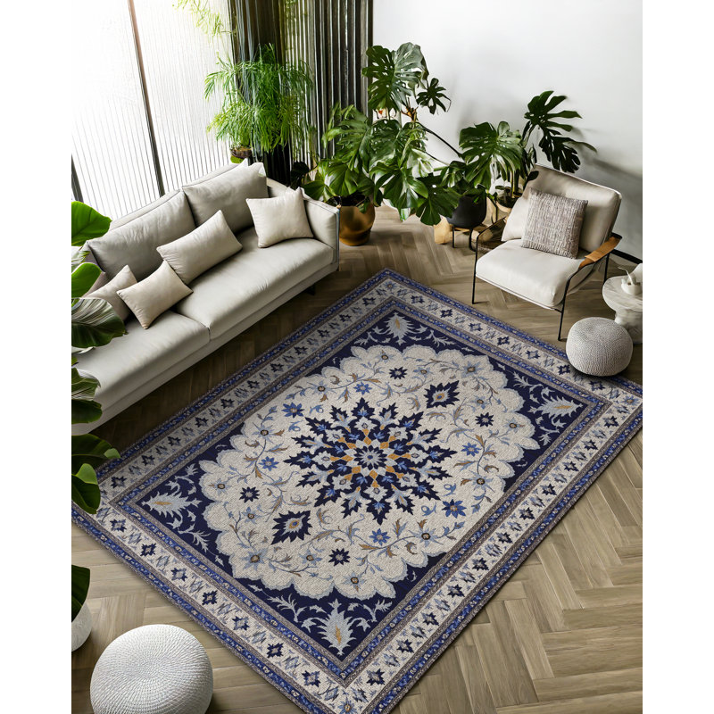 Quarza Collection Digital Print Cotton-Polyester Gray Navy Moroccan Rug, Runner 6'7" x 16'5"