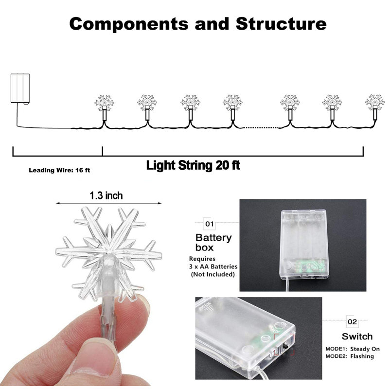 20FT 40LED Snowflake String Lights, Multicolor, 40