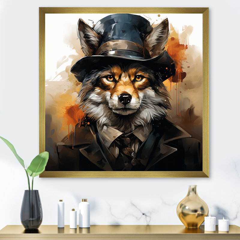 «Trenchcoat» noir loup mystère III - loup, art mural, Cadre doré simple, H 16 po x l 16 po x P 1 po