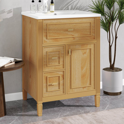 24" Bathroom Vanity With Sink, Solid Wood Frame Bathroom Storage Cabinet With 2 Drawers And A Tip-Out Drawer, Adjustable Shelves