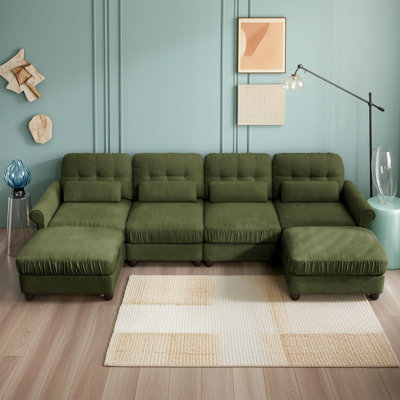 Elegant U-Shaped Modular Sectional Sofa with Ottomans, Cushions, Rolled Arms, Tufted Back and Deep Seating