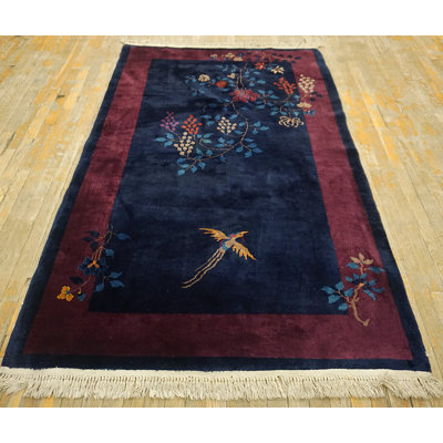 Small Antique Floral Bird Pattern Navy Blue Color Chinese Art Deco Carpet