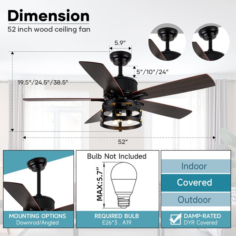 52 Inch Rustic Caged Ceiling Fan With Remote, Dual Finish Blades Reversible Dc Motor
