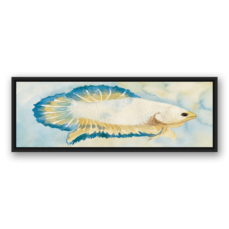 " White And Blue Fish ", 13.75" H x 37.75" W x 1.75" D, Black Floater Frame