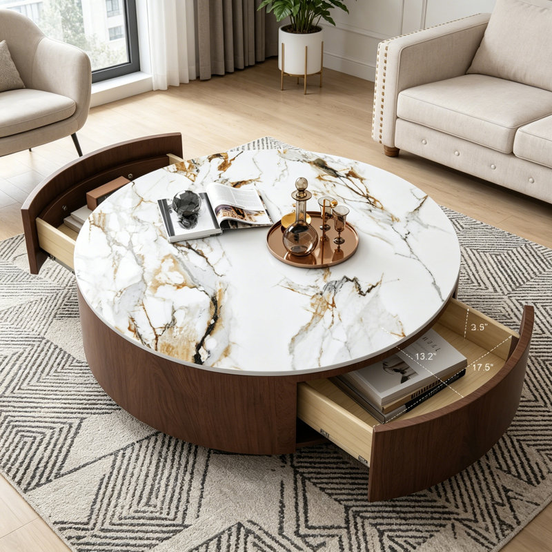 Table basse ronde avec 2 tiroirs