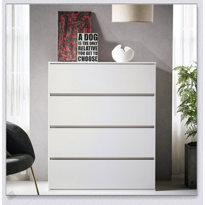 Commode en bois contemporaine à quatre tiroirs Liv en blanc, solution de rangement durable et élégante pour les maisons modernes