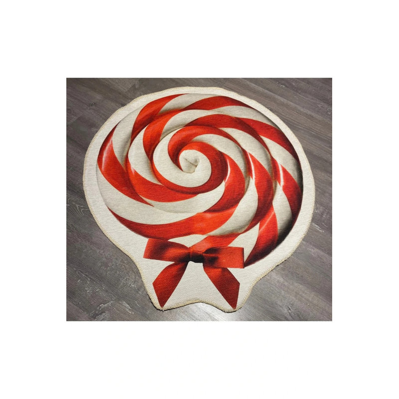 White Red Candy Patterned Decorative Washable Round Carpet, Novelty 2'8" x 2'8"