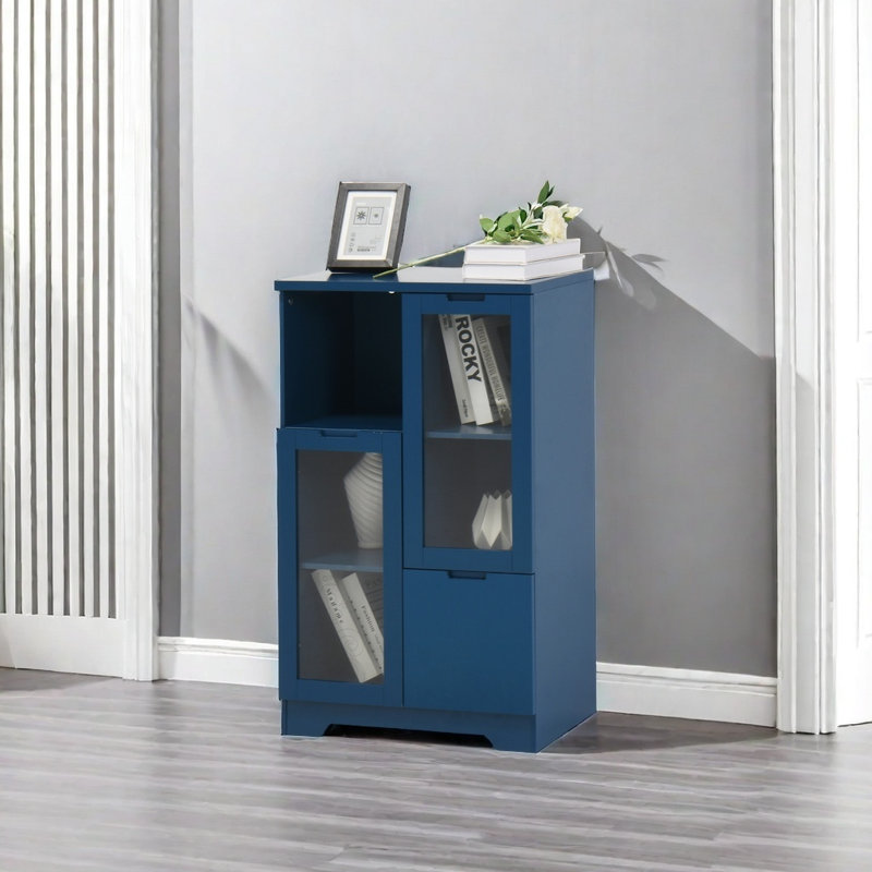 Armoire de plancher en bois avec 2 portes en verre et 2 espaces de rangement, entrée de salle de bain de salon, Bleu