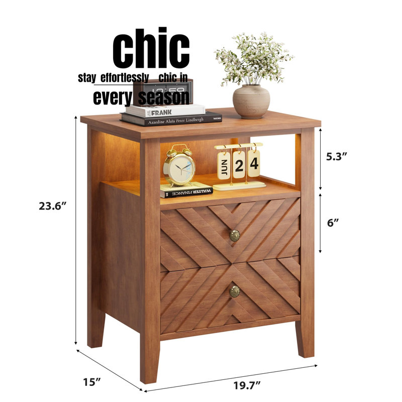Farmhouse LED Night Stand with 2 Storage Drawers- V-Shaped Design, Open Storage, Shelf Stable Wooden Legs, Brown