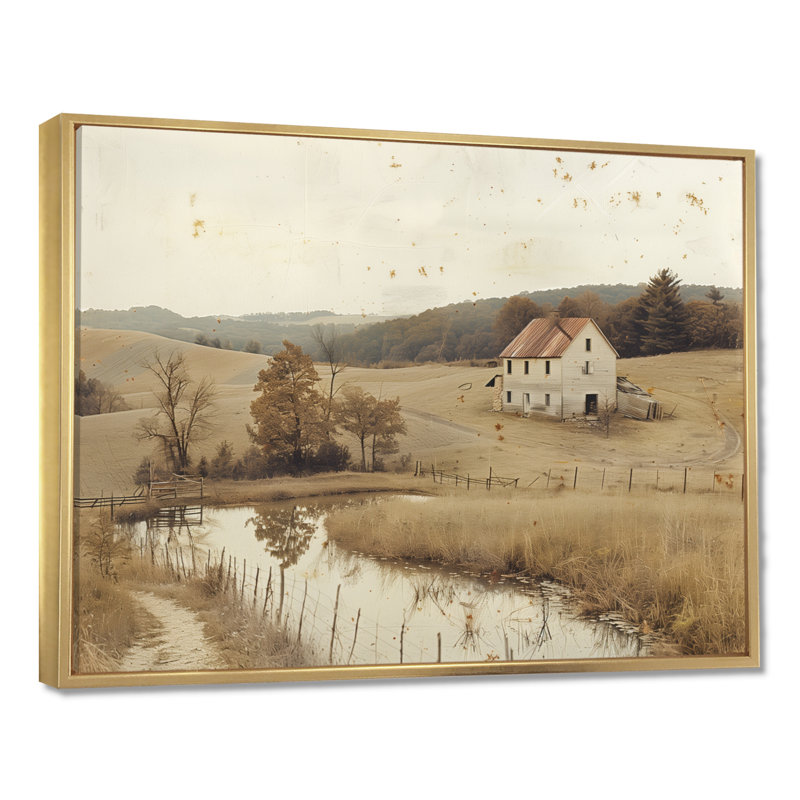 Paysage de ferme brun américain II - ferme, art mural, H 16 po x l 32 po x P 1 po, Cadre flottant doré