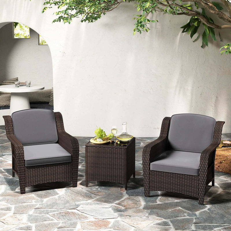 Ensemble de 3 meubles de patio d'extérieur avec coussins et table basse en verre trempé
