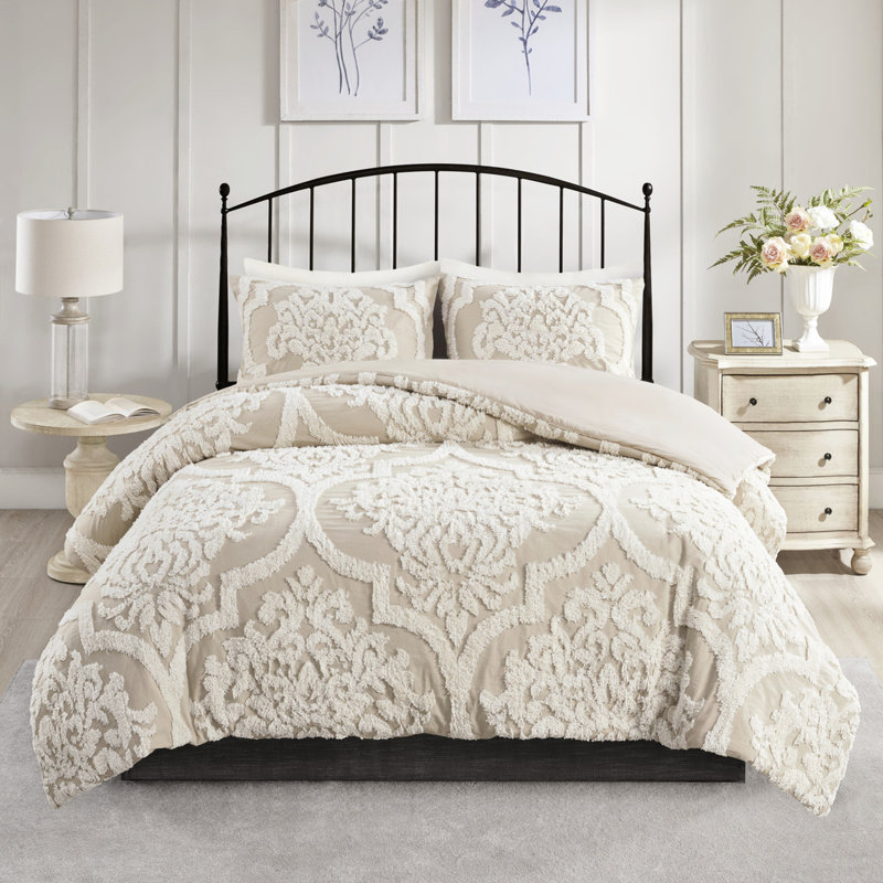 Ensemble d'édredon 3 pièces en chenille de coton double / grand en taupe Grace, taupe, housse, Taupe