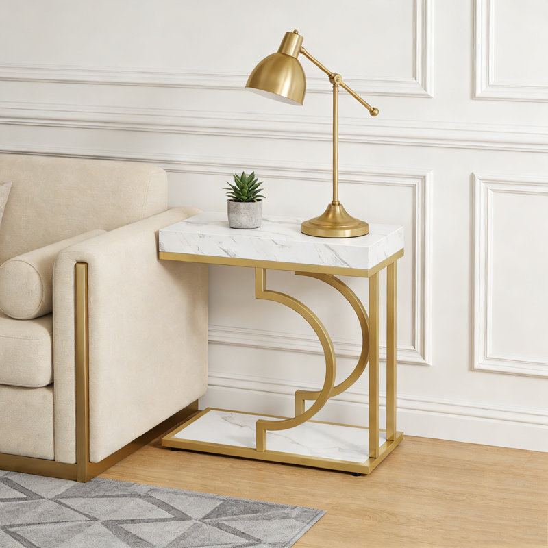 Table de bout moderne étroite C, Blanc et or