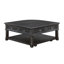 Table basse gris anthracite avec plateau relevable, tiroir et tablettes ouvertes