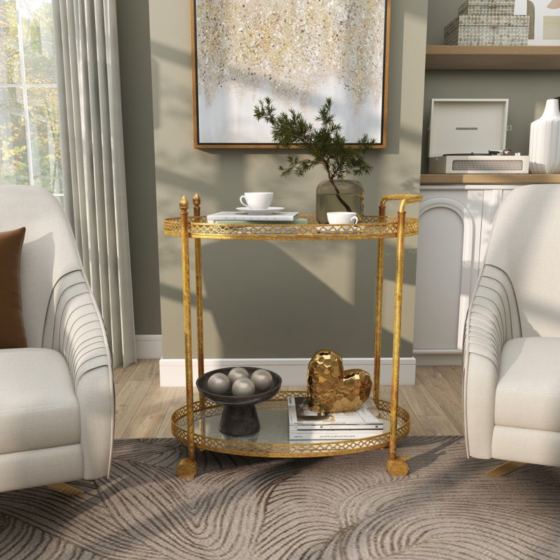 Brass Metal Rolling 2 Mirrored Shelves Bar Cart with Vintage Inspired Details, 30" x 16" x 34", Polished Gold