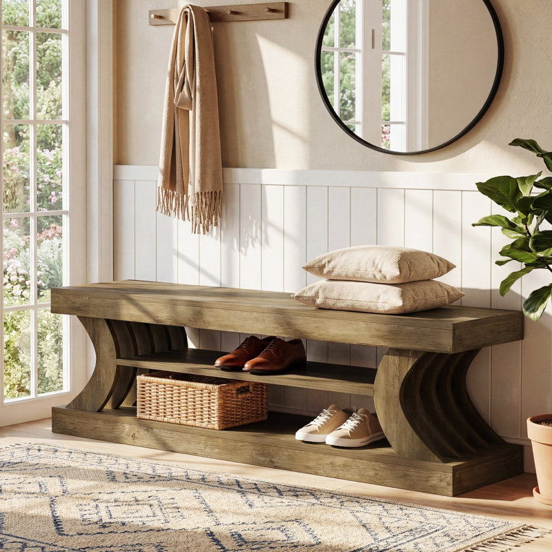 63" Wooden Entryway Bench with 3-Tier Shoe Storage Shelves, Farmhouse Style