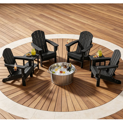4-Piece Folding Adirondack Chair Set with 2-Tier Side Tables, All-Weather HDPE Patio Seating