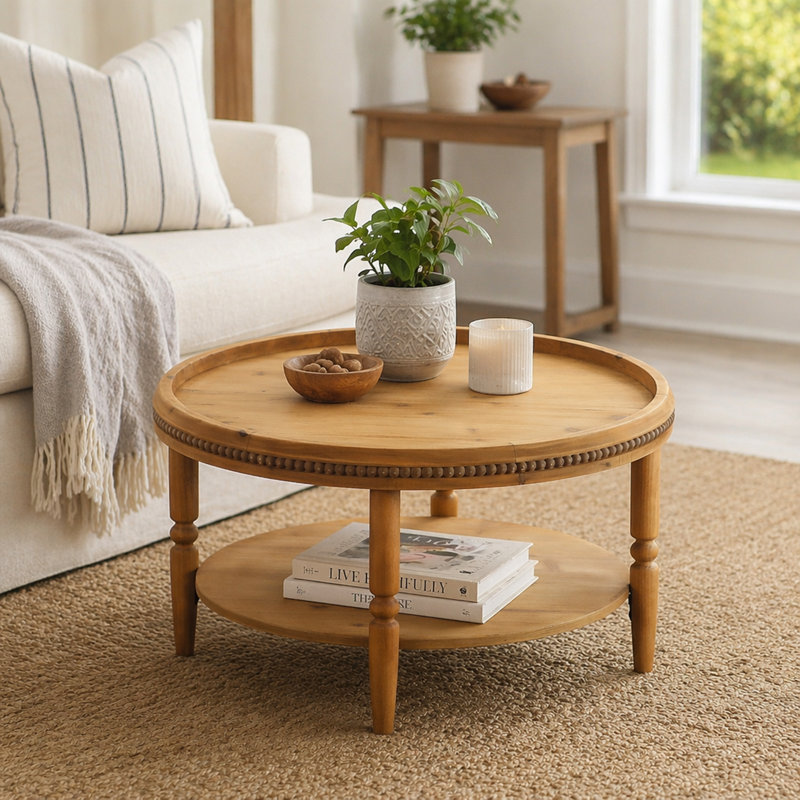 31.3" Round Boho Coffee Table With Storage Shelf