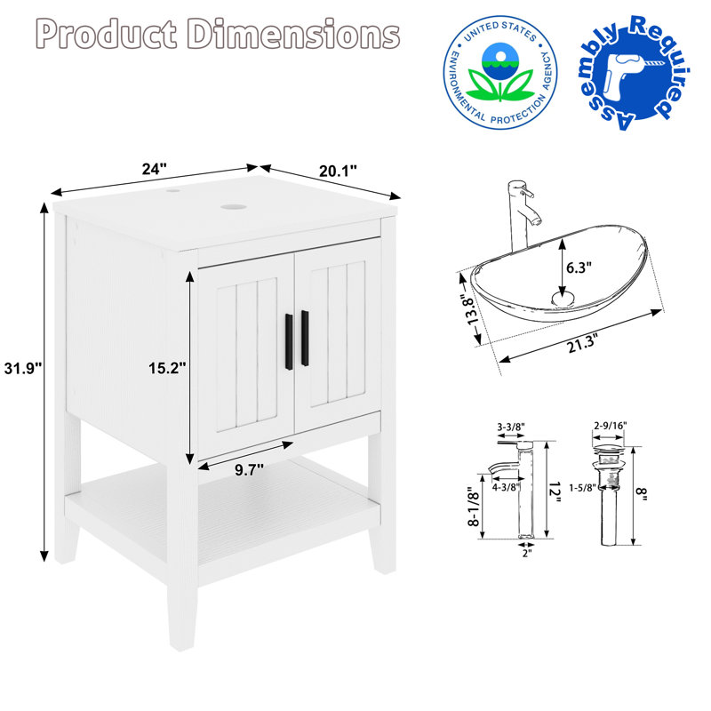 Ensemble de meuble-lavabo simple 24 po avec lavabo vasque, robinet et drain Sharee, assemblage requis, Blanc