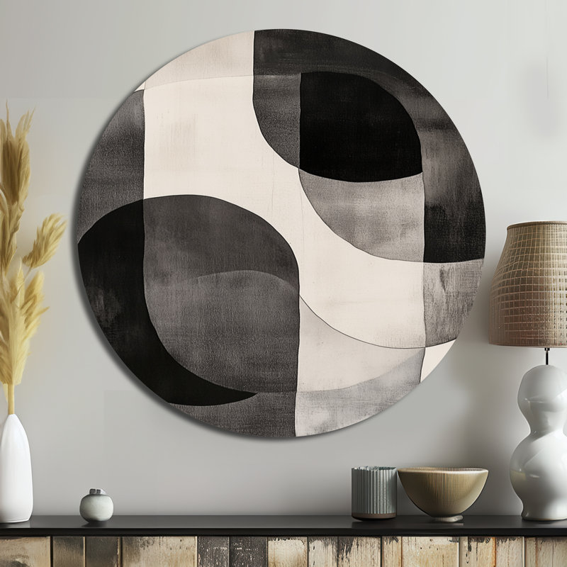 Courbes géométriques noires et blanches géométriques - formes abstraites, art mural rond en métal, L 36 po x H 36 po