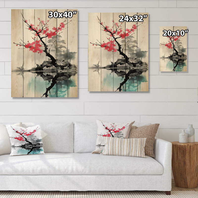 Art asiatique, lac Sumi I sur bois, H 32 po x l 24 po x P 0,78 po
