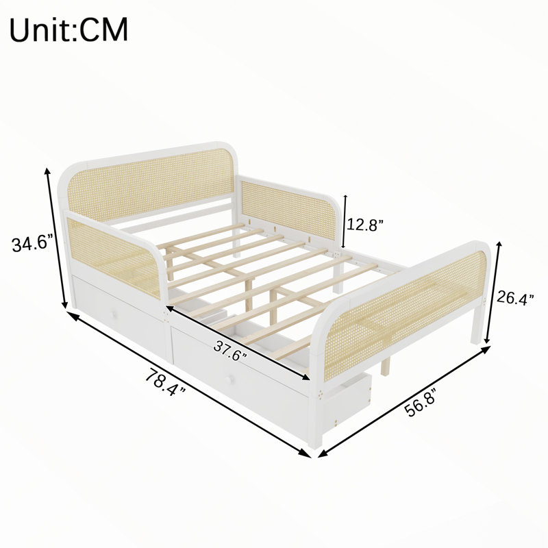 Cadre de lit plateforme avec 2 tiroirs de rangement et tête de lit en rotin, Double, White