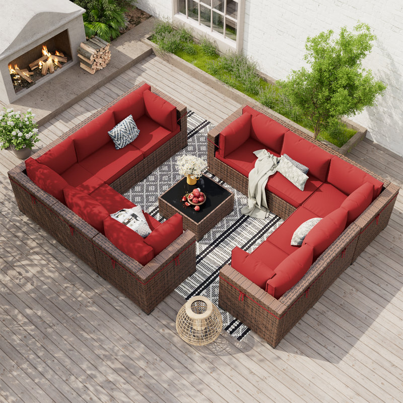 Dinyu Wicker 10 - Person Modular Patio Conversation Set with Cushions, Burgundy