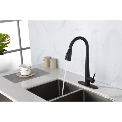 Matte Black Kitchen Sink Faucet With Pull Out , Single Handle, Copper-, Modern Design, Easy Installation Fingerprint Faucets In Black, Down Deck Mounted, Process