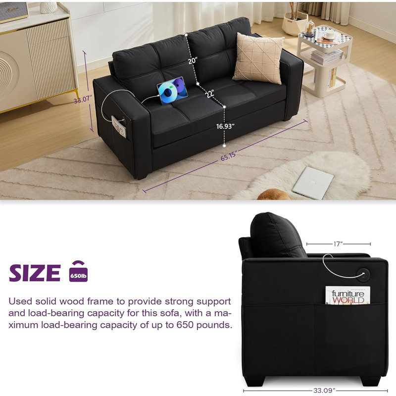 65" Modern Sofa, Black