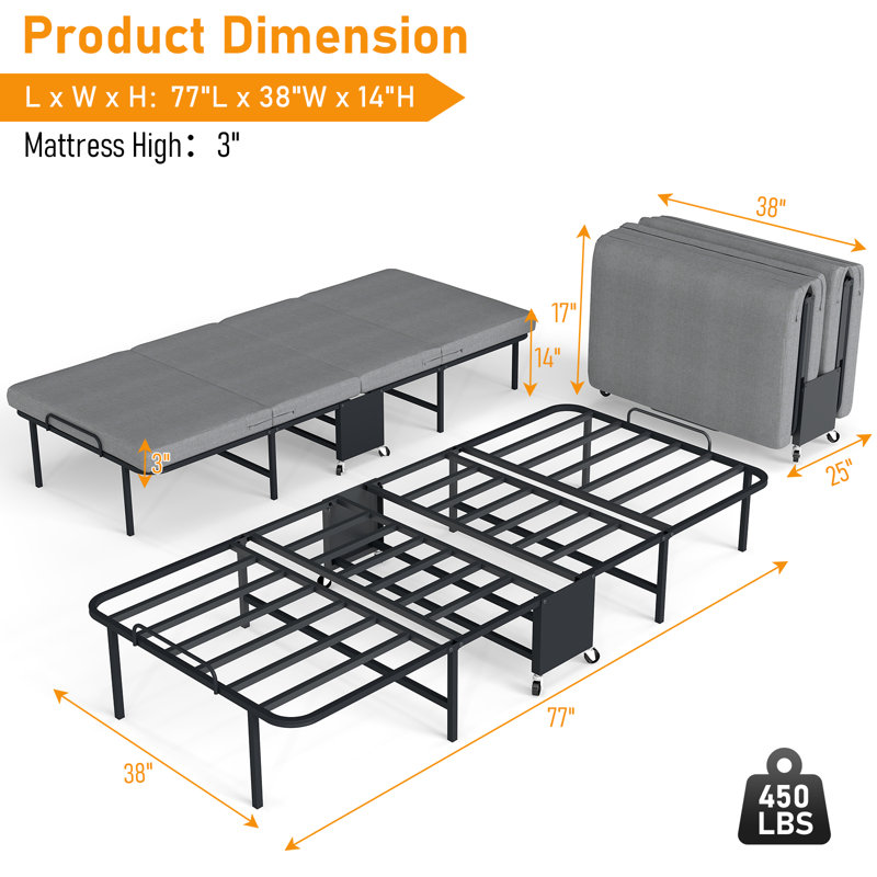 Berus Folding Bed with Mattress for Adults, Twin Size, Portable Foldable Roll Away Bed on Wheels, Memory Foam Mattress and Super Strong Frame, Space Saving Fold Up for Easy Storage