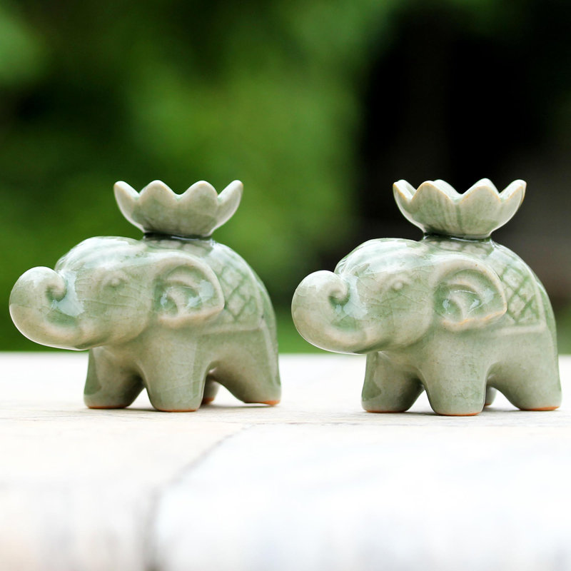 Porte-photophore en céramique lotus éléphant celadon