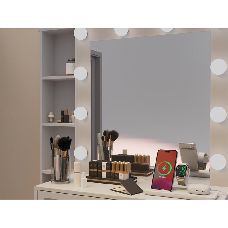 Bureau de coiffeuse avec miroir et lumières, coiffeuse avec miroir éclairé et station de charge, commode de coiffeuse