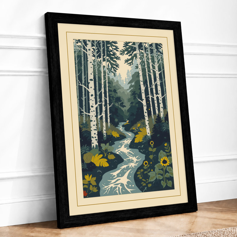 Quiet Birch Stream Scandinavian - Framed Print, Black, A3 - 42.0 x 29.7 cm