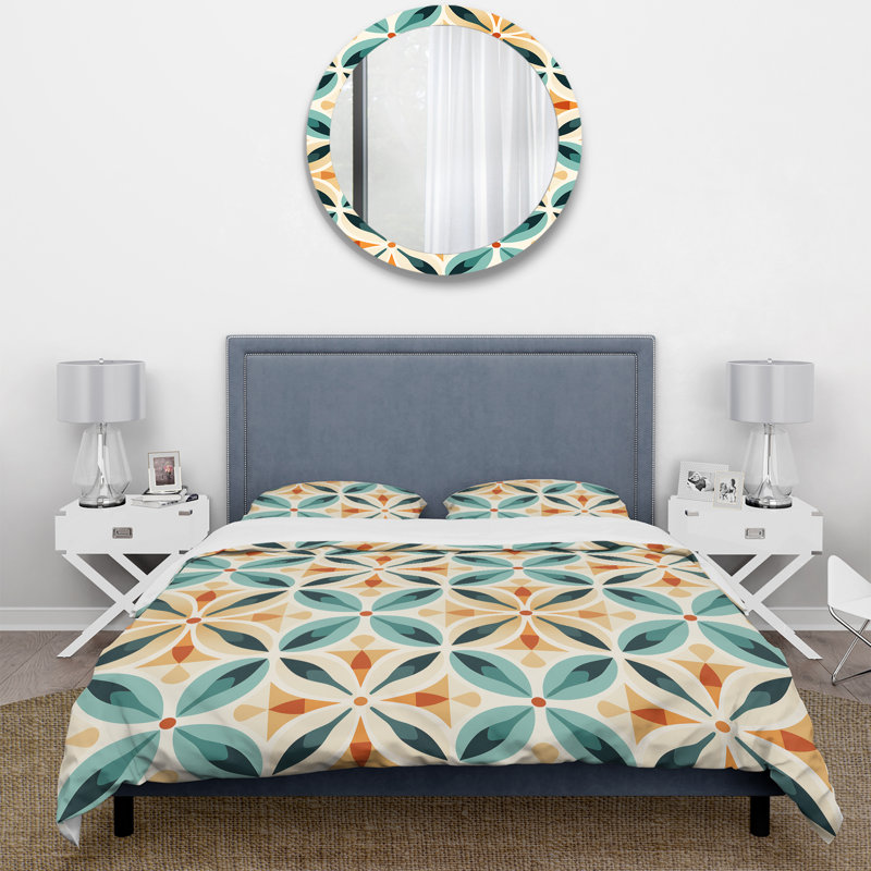 Ensemble de housse de couette en microfibre bleu et orange, Housse de couette simple + 1 taie décorative stan, Floral