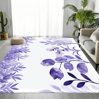 Watercolor Purple Leaf Botanical Area Rug, Machine Washable Non-Slip Floor Mat, Cozy Indoor Home Decor for Living Room, Bedroom, Entryway, Kitchen, Balcony, Apartment