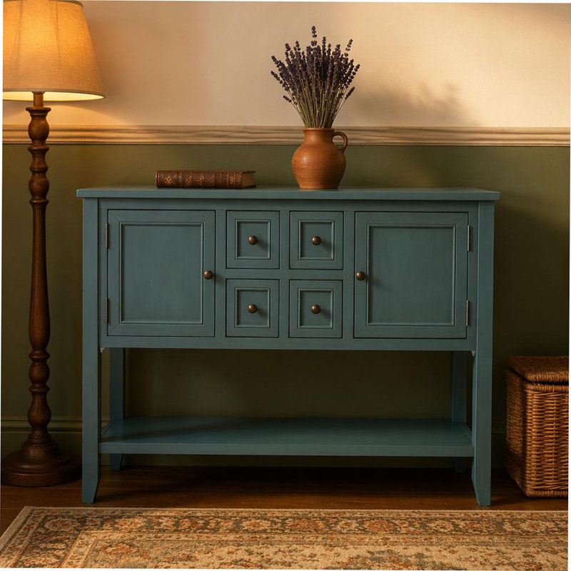 Grande console de rangement vintage avec quatre petits tiroirs et une tablette inférieure pour les salons, les entrées et les cuisines (bleu foncé)
