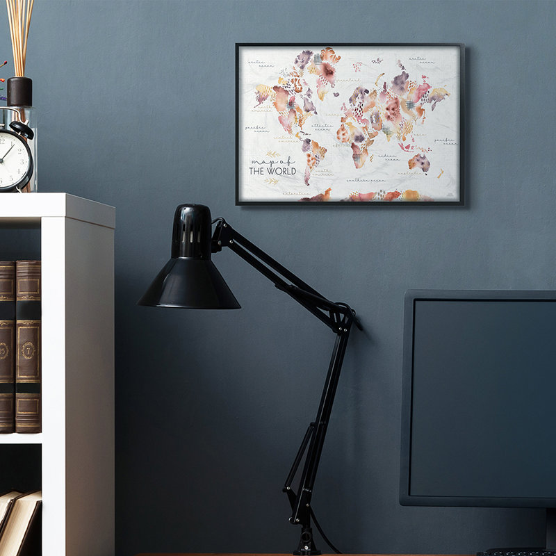 Carte du monde à fleurs abstraites ca-471, Giclée encadrée noir minuit, H 16 po x l 20 po x 1,5 po