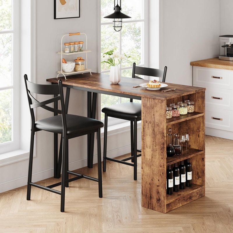 Space Saving Dining Table Set for 2, Foldable Counter Height Table with 3 Tier Storage and 2 Cushioned Stools, Brown