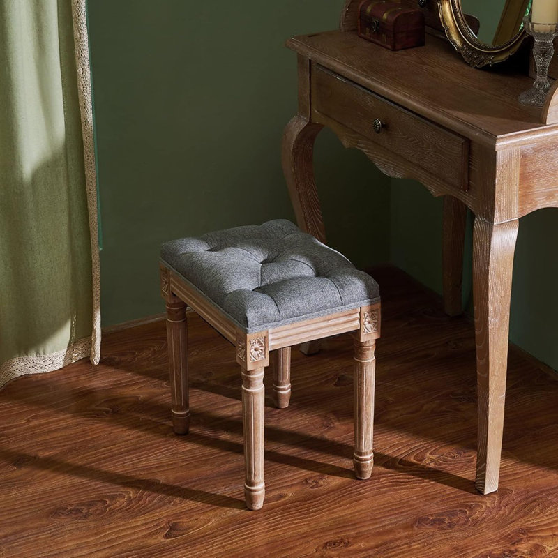 French Vintage Foot Stool With Rustic Wood Legs And Padded Seat, Memory Foam Upholstered Vanity Stool And Entryway Bench,Tufted Fabric Ottoman Stool For Bedroom Living Room, Gray