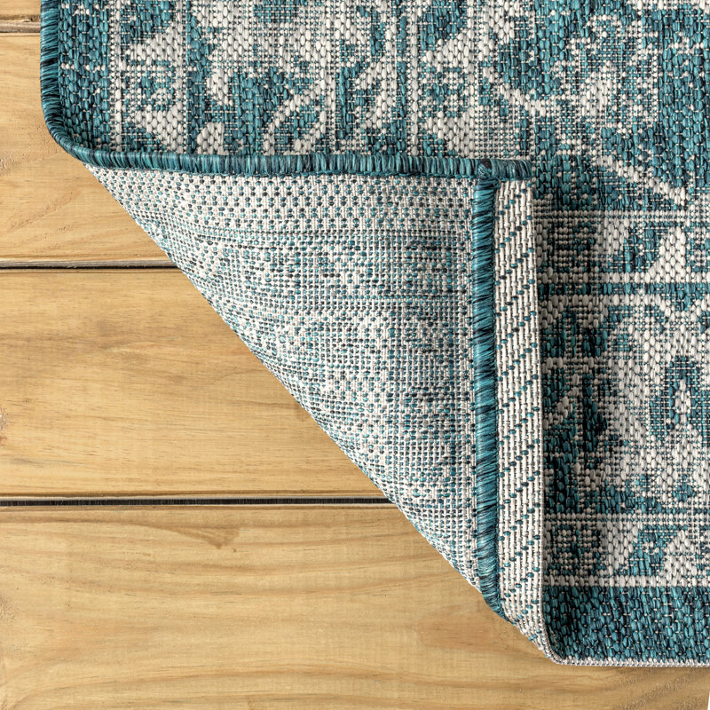 Haupt Vine and Border Textured Weave Teal/Gray Indoor/Outdoor Rug, Rectangle 3'1" x 5'