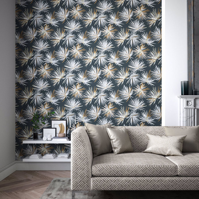 Aucuba Floral Metallic Wallpaper Roll, Slate/Bronze/Topaz