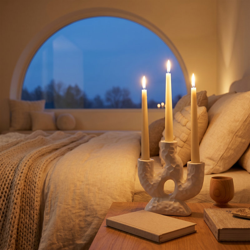 White Ceramic 3-Arm Candelabra, Sculptural Three-Arm Candle Holder for Taper Candles, Mantel, Console, or Dining Table