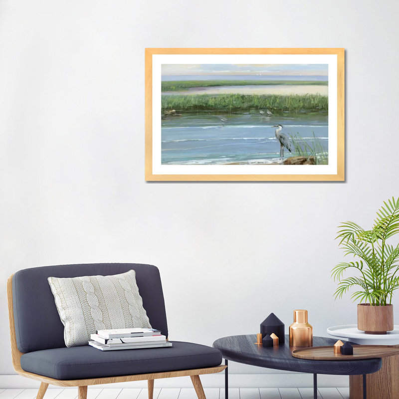 «Wading at Dusk» par Sally Swatland - reproduction d'art, Blanc, H 24 po x l 32 po x P 1 po, Toile avec cadre en bois beige