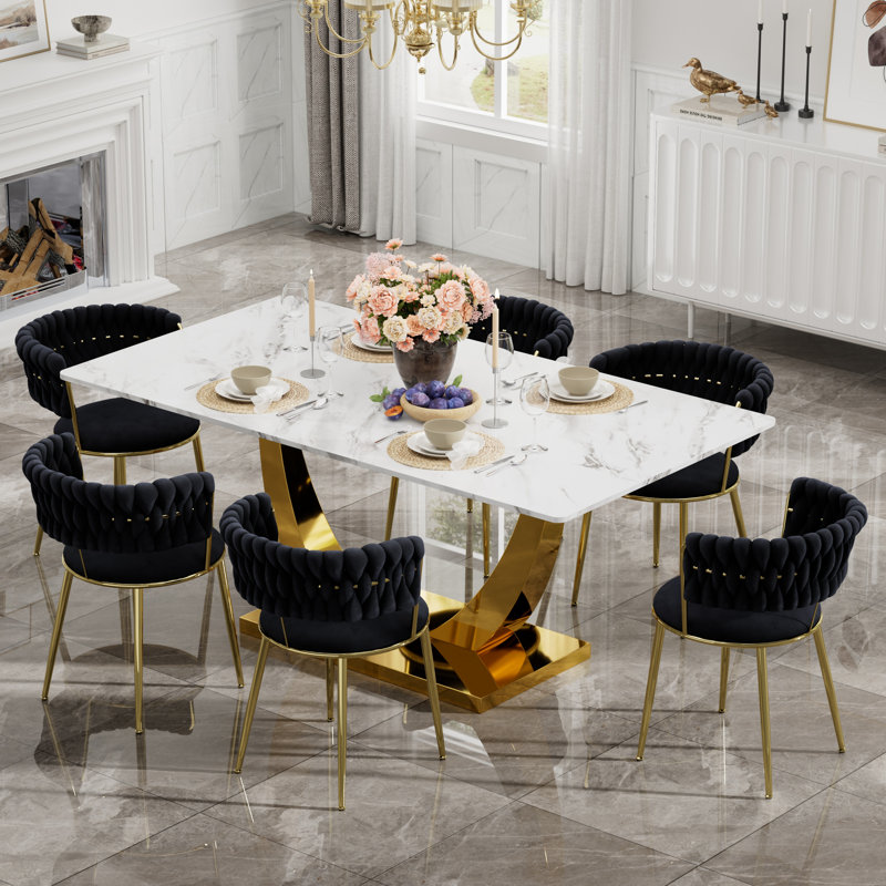 Ensemble de salle à manger à piédestal rectangulaire avec chaise de salle à manger en velours Modern Weaven, Table, 6 chaises
