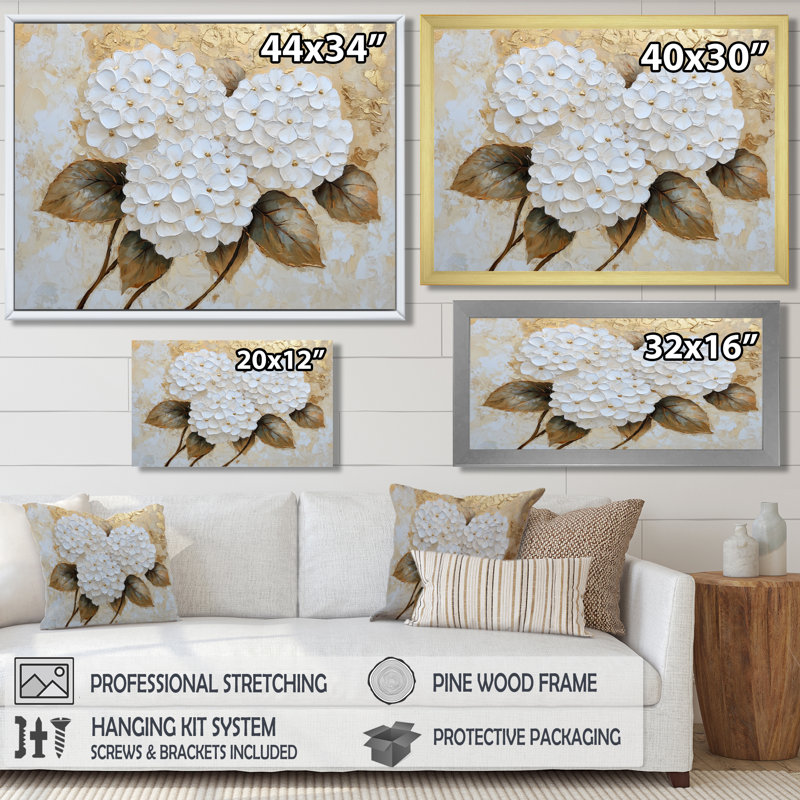Harmonie d'hortensias dorés I - impression d'art d'hortensias, H 16 po x l 32 po, Blanc