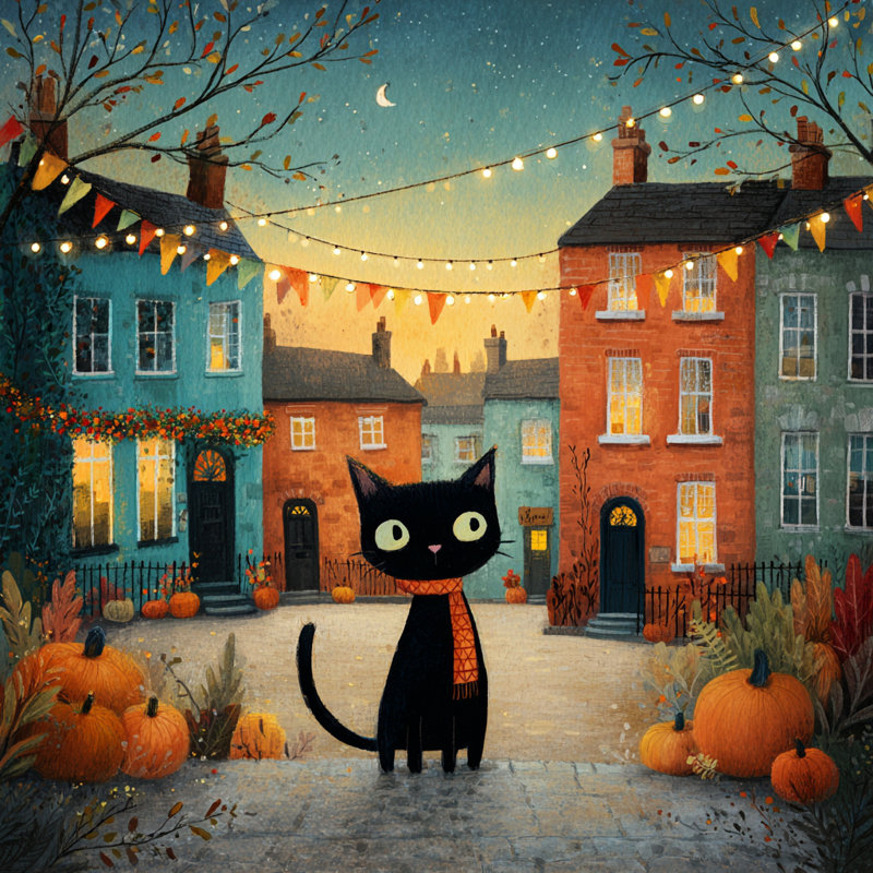 «Evening Cat in Autumn Town», art mural sur toile tendue, H 40 po x l 40 po